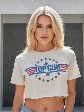 Top Gun Crop Tee - Cream Graphic Crew